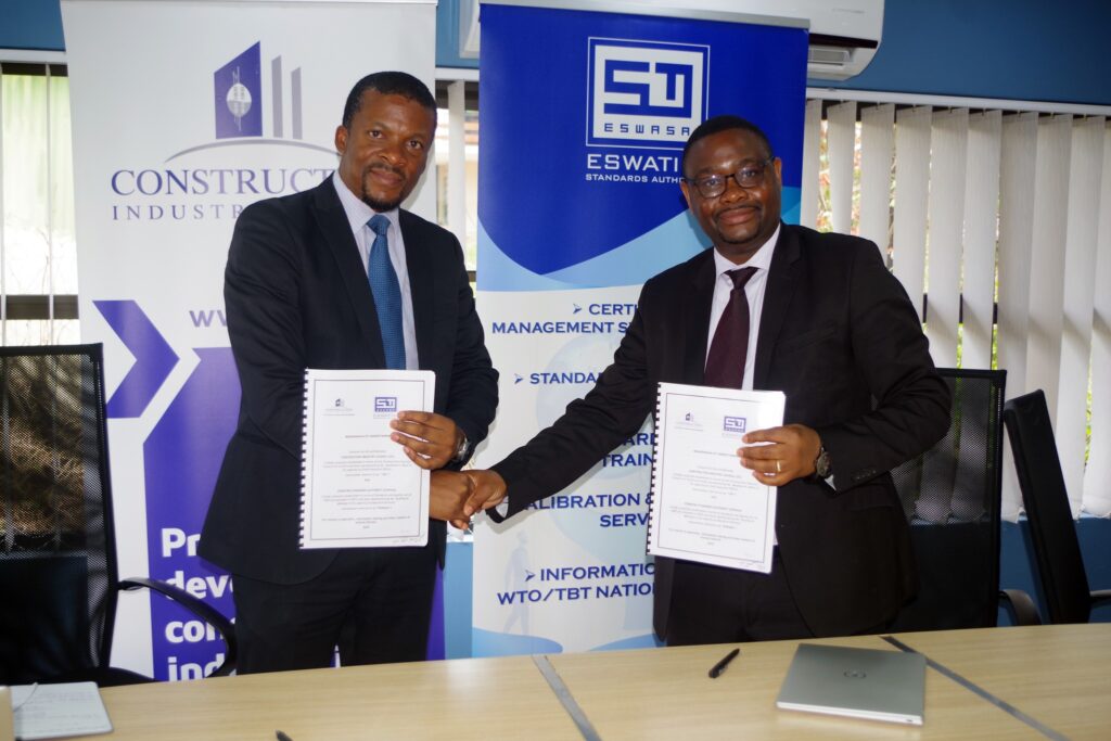 CIC CEO Maqhawe Mnisi with Eswatini Standards Authority CEO Ncamiso Mhlanga after signing the Memorandum of Understanding