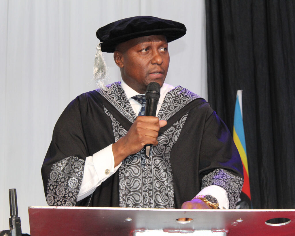Prime Minister Russell Mmiso Dlamini delivering his speech during the Limkokwing University 12th graduation ceremony held at Mavuso Trade and Exhibition Centre yesterday. (Pics: Lucky Simelane)