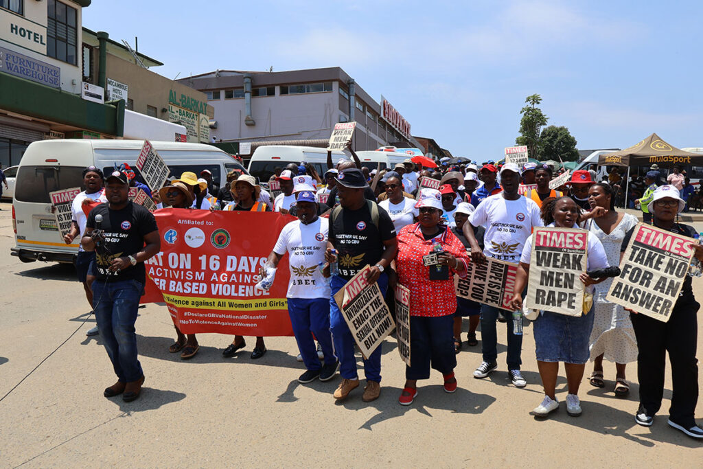 The Swaziland National Association of Teachers (SNAT), in partnership with Mbabane Swallows and One Billion Rising, marching at the Manzini Bus Rank, declaring a united NO to gender-based violence. (Pics: Phiwase Phungwayo)