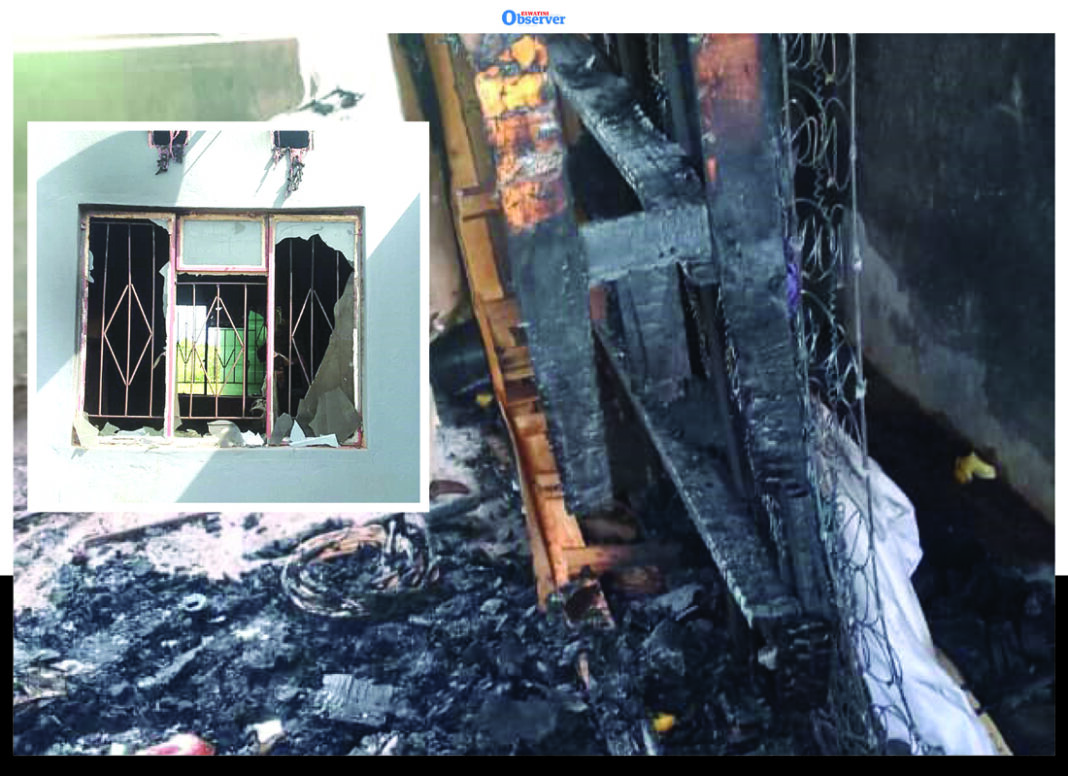 Furniture and other items inside the house were reduced to ashes. (Inset) Shattered windows from the blaze.