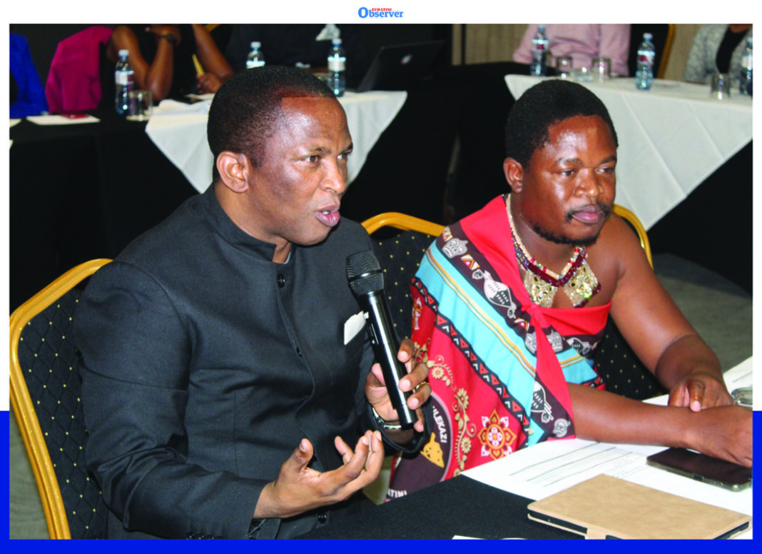 House of Assembly Speaker Jabulani Mabuza stressing a point during the meeting while Chairperson of the TB Caucus Mafutseni MP Sabelo Mtsetfwa listens.