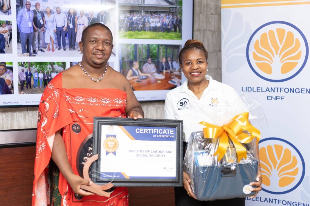 707693546_1291540133169320_5050391384096762233_n Minister of Labour and Social Security Phila Buthelezi received goodies from ENPF CEO Futhi Tembe on Thursday.
