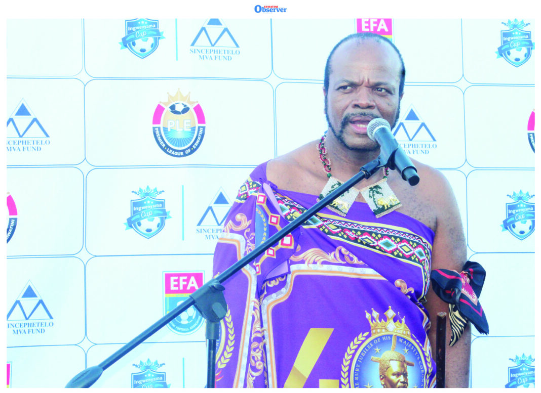 His Majesty King Mswati III addressing the nation during the Ingwenyama Cup final at Somhlolo National Stadium yesterday. (Pics: Lucky Simelane)