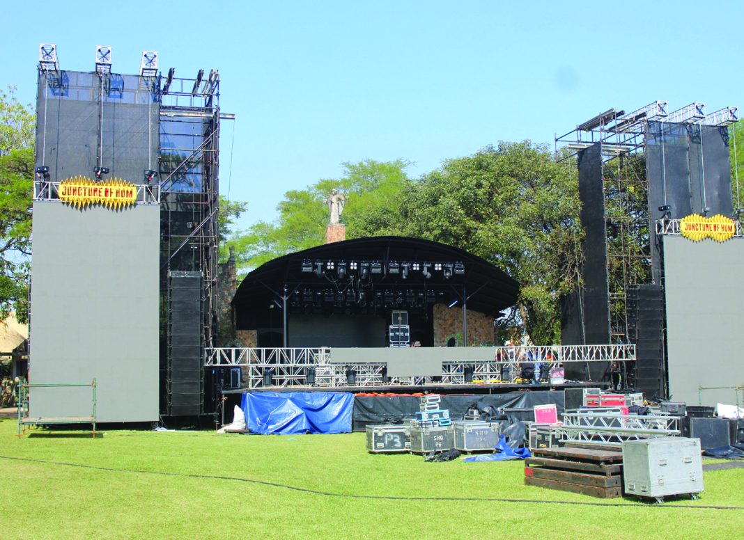 Preps The main stage is taking shape as the crew continue with preparations for the sold-out MTN Bushfire Festival.