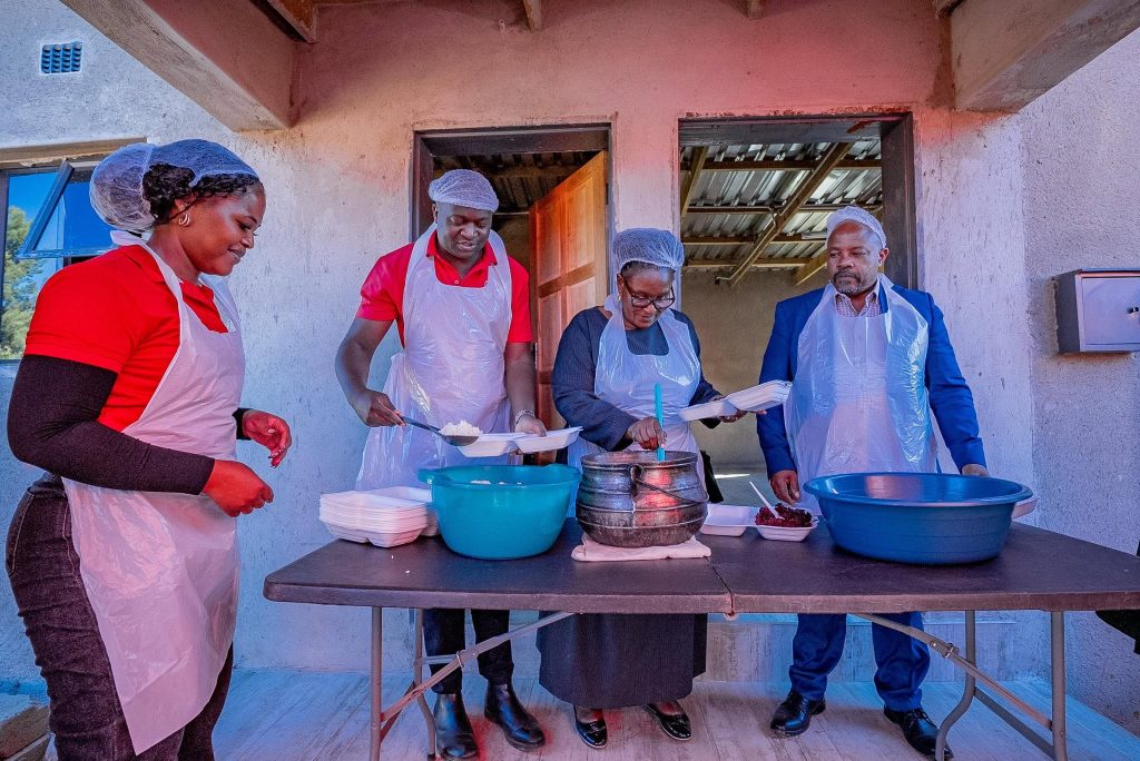 Deputy Prime Minister Thulisile Dladla, Siphocosini Member of Parliament Mduduzi Matsebula and Eswatini Mobile CEO Sydney Sichula took joy in serving meals to the children.