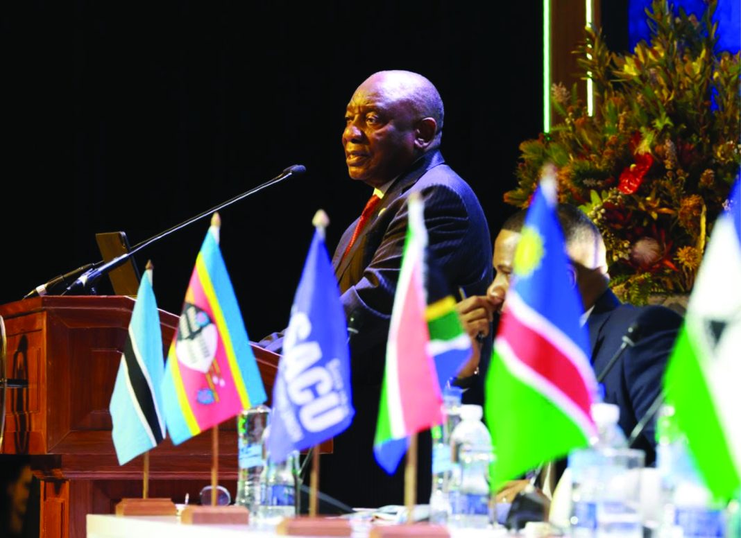 SA President Cyril Ramaphosa addressing the gathering during the 9th Summit of the SACU Heads of State and Government at the Cape Town International Convention Centre yesterday.