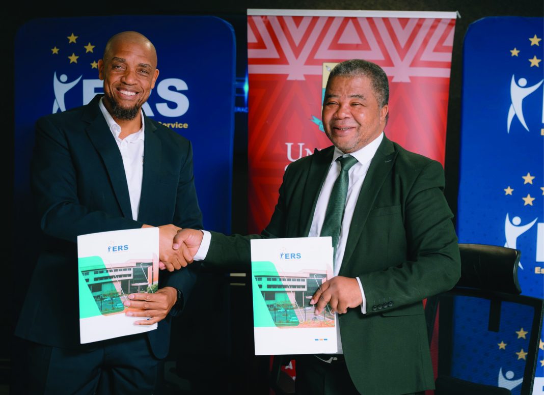 ERS Commissioner General Brightwell Nkambule and UNESWA Vice Chancellor Professor Justice Thwala pose for a photo following the signing of a Memorandum of Understanding (MoU) for the AI Literacy Capacitation Initiative at the Eswatini Revenue Service Headquarters yesterday.