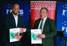 Landmark AI deal to equip 650 ERS employees with future-ready skills ERS Commissioner General Brightwell Nkambule and UNESWA Vice Chancellor Professor Justice Thwala pose for a photo following the signing of a Memorandum of Understanding (MoU) for the AI Literacy Capacitation Initiative at the Eswatini Revenue Service Headquarters yesterday.