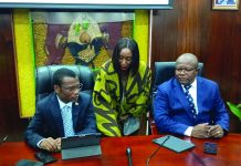 Manzini Mall Phase 1 completes next Friday Minister of Housing and Urban Development Appolo Maphalala, Manzini Municipal Council Chief Executive Officer Lungile Dlamini and the Minister of Commerce Industry and Trade Manqoba Khumalo in a conversation during the meeting.