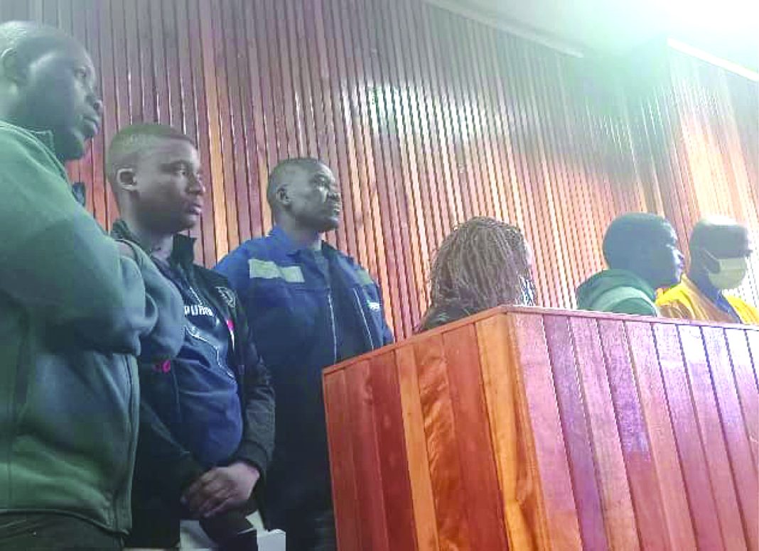 Sipho Zikalala, Lindokuhle Shawn Dlamini, Bongiwe Nokuphila Nhlabatsi, Selby Sgaga Dlamini, Nkosinathi Ngozwane and Njabulo Magagula in the accused’s dock. They appeared before Judge Bonginkhosi Magagula in connection with the murder of Matsapha businessman Sifiso Simelane in 2024.