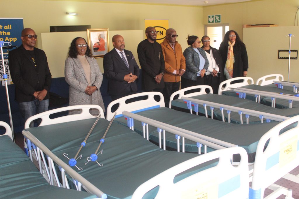 The minister of health, acting MTN CEO Jerry Soko and other dignitaries posing next to the equipment donated by MTN Eswatini to Hospice at Home.