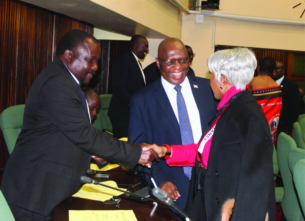 Minister Sanvannah Maziya shakes hands with Ngudzeni MP Charles Ndlovu while talking to Sigwe MP David Ngcamphalala during the sitting on Wednesday.
