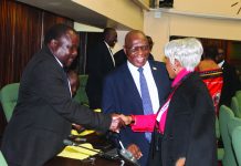 AG advises MPs on drafting House motions Minister Sanvannah Maziya shakes hands with Ngudzeni MP Charles Ndlovu while talking to Sigwe MP David Ngcamphalala during the sitting on Wednesday.