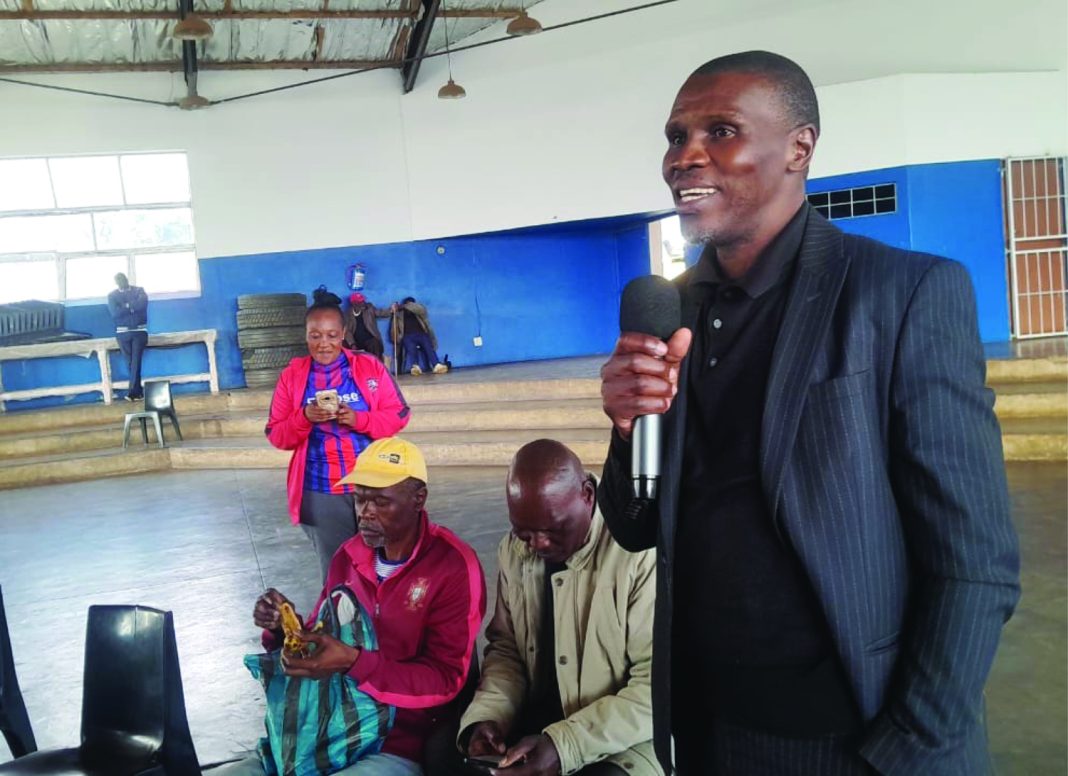 Siza Mbabane Swallows physical coach Siza 'King Pele' Dlamini addressing club supporters at MDS Hall yesterday.