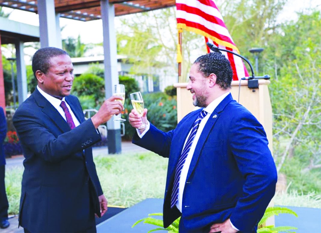 His Majesty King Mswati III’s representative Prince Guduza toasts with United States Chargé d’Affaires to Eswatini Marc Weinstock during the celebration of the 250th anniversary of US Independence at the American Embassy in Ezulwini.